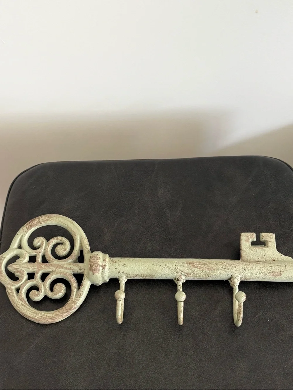 Decorative Vintage Key Wall Hook in Distressed Sage Green Rod Iron